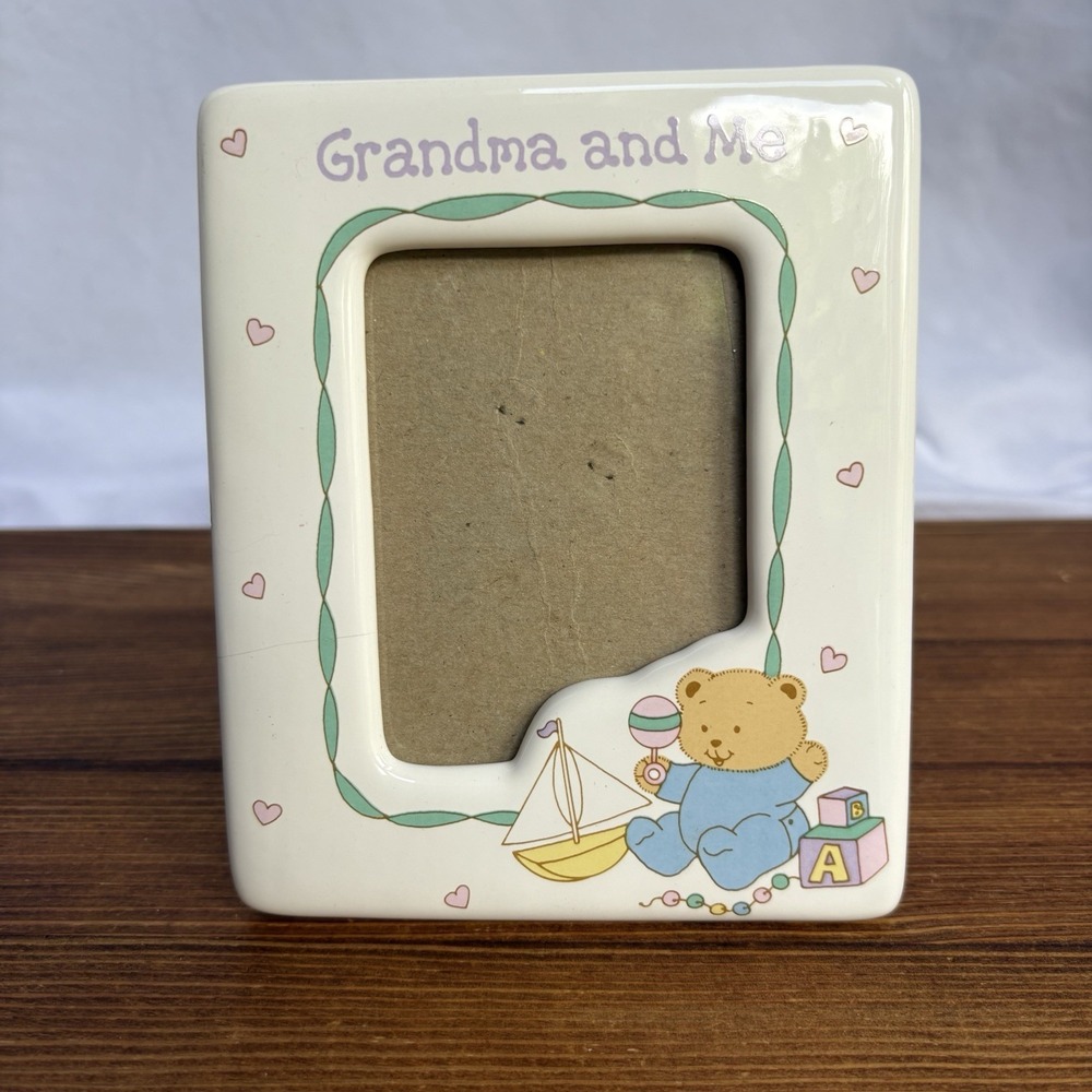 Vintage Russ Grandma and Me Ceramic Photo Picture Frame Teddy Bear Hearts